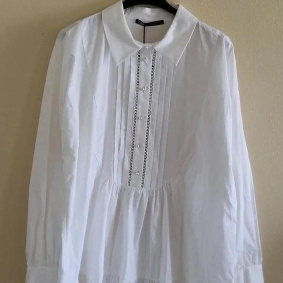 Zara White 100% Cotton Faux Pearl Buttons Voluminous Poplin Shirt Dress - Picture 6 of 12